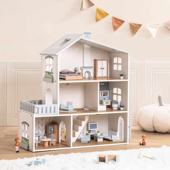 ROBUD Puppenhaus aus Holz Lichtern,3 Etagen, inklusive Möbeln und Treppe,Spielzeug für Kinder ab 3 J