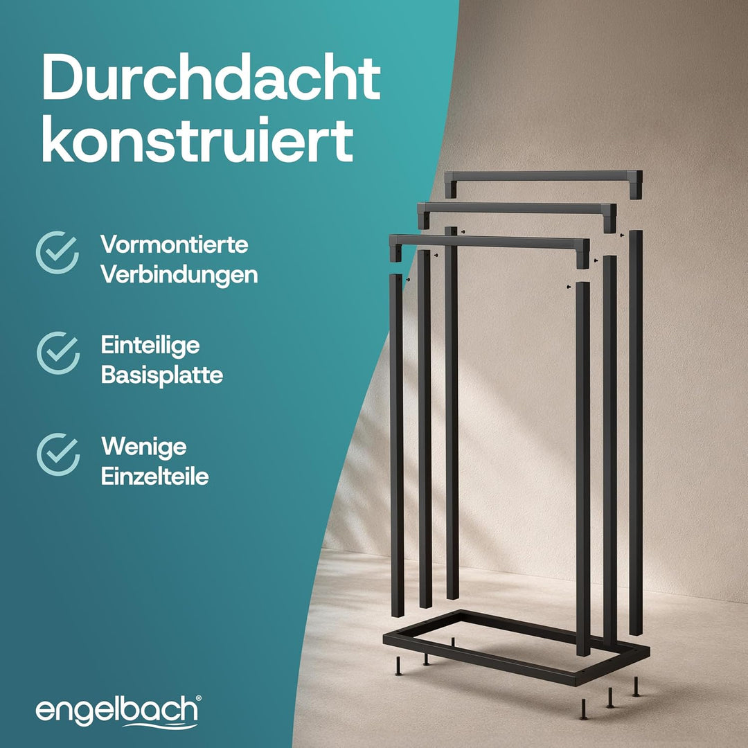 Engelbach® Handtuchhalter Schwarz - Stabil &amp; Langlebig mit 3 Stangen, Schwarz
