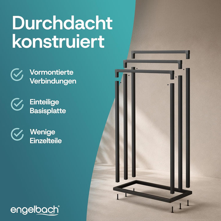 Engelbach® Handtuchhalter Schwarz - Stabil &amp; Langlebig mit 3 Stangen, Schwarz