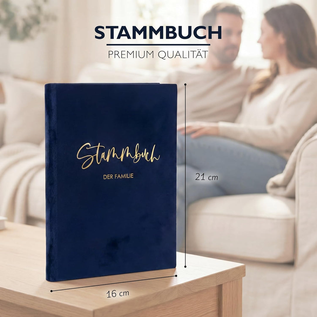 Stammbuch Hochzeit Dunkel-Blau Gold Samt Velour, handgefertigt inkl. vorgedruckten Innenseiten -Stan