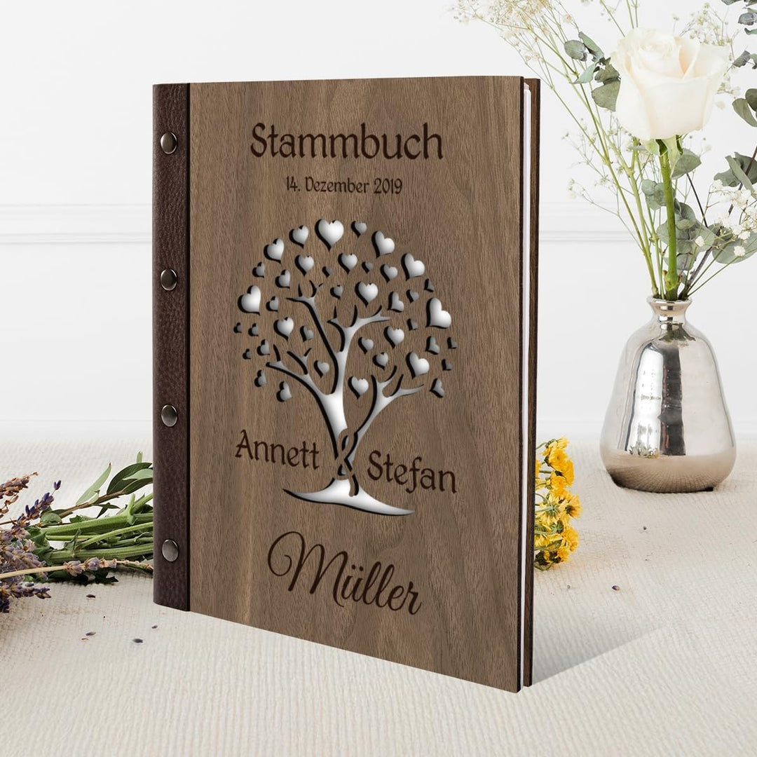 Kartenmachen.de Personalisiertes Stammbuch Hochzeit aus echtem Holz mit Leder Rücken A5 oder A4 inkl