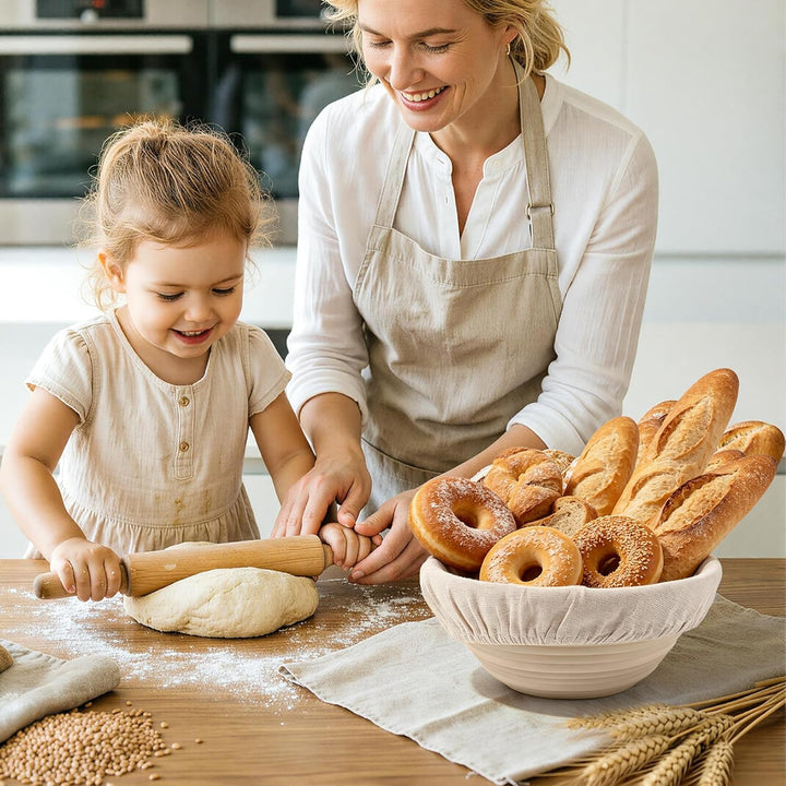 Gärkörbchen Rund, 23cm Gärkorb Set Silikon Proofing Basket Brotkörbchen Brotform mit Leinen, Schaber