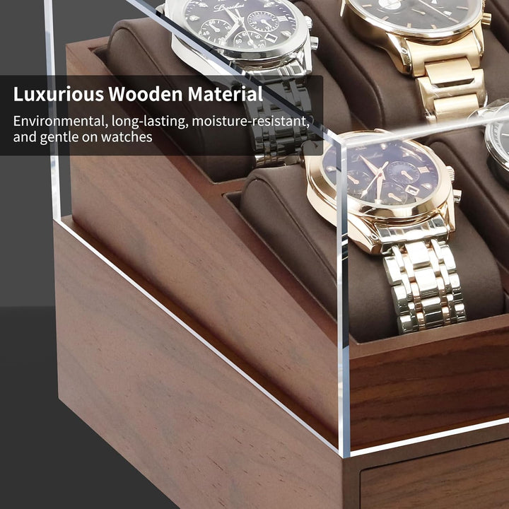 KAMIER Edle Uhrenbox Herren mit 10 Fächern, 2 Ebenen, Acryl-Deckel, Schublade &amp; herausnehmbaren Kiss