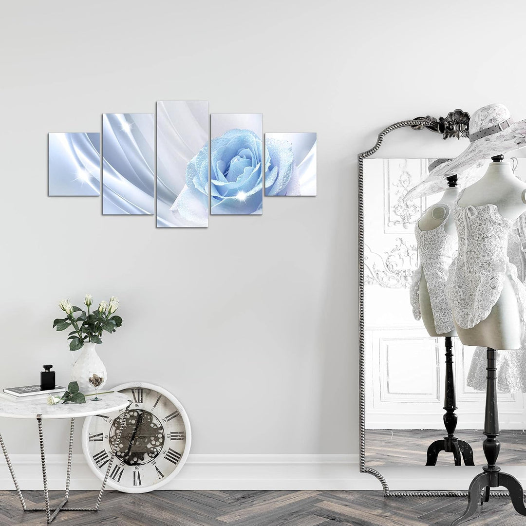 Runa Art Wandbilder Blumen Rose 5 Teilig Bild auf Vlies Leinwand Deko Wohnzimmer Vintage Blau Grau 2