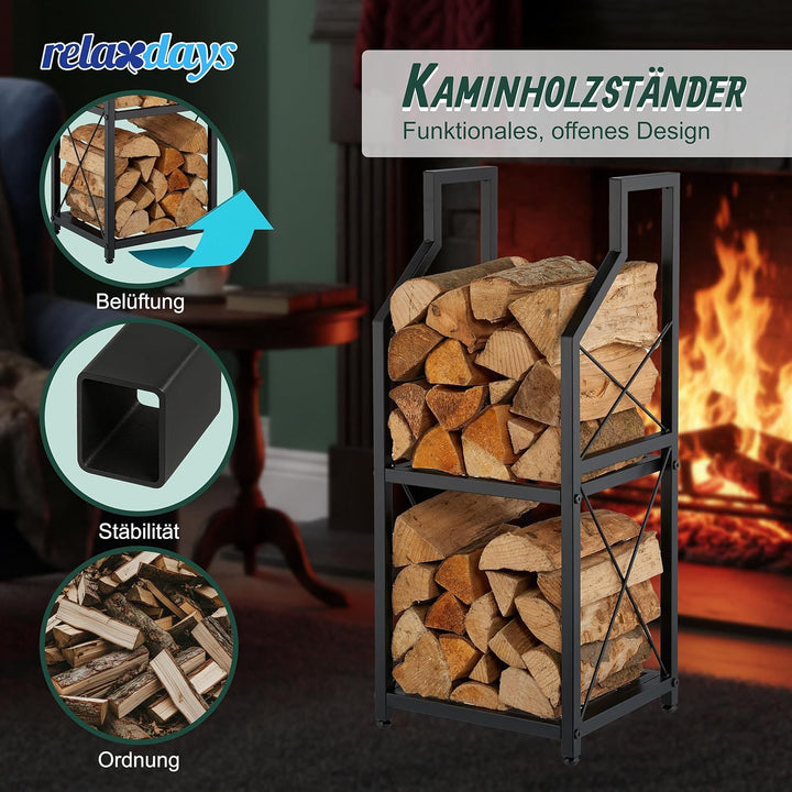 Relaxdays Kaminholzregal, 2 Ebenen, Metall, HxBxT: 81,5 x 34,5 x 30,5 cm, Brennholzregal innen, Feue