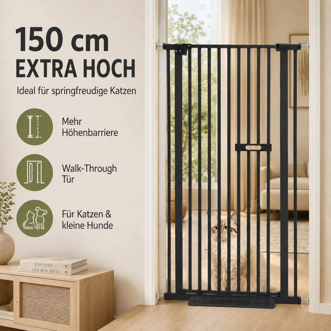 Kindergitter 150cm ausziehbar mit Einhandgriff und Doppelverriegelung Schwarz/Höhe:150 Cm/76-85 Cm B