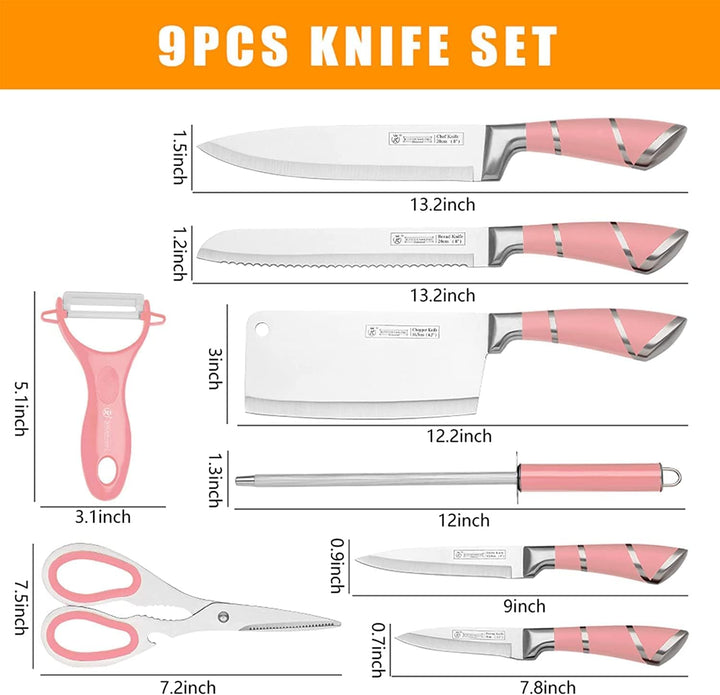 9-tlg Messerset mit Drehbare Acryl Messerblock, Rosa Sharp Antihaft Beschichtete Kochmesser Block Se