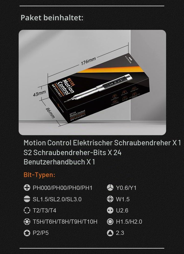MINIWARE ES15S Elektrischer Schraubendreher Motion Control Ladewerkzeug 24 Bits OLED-Display Wiedera