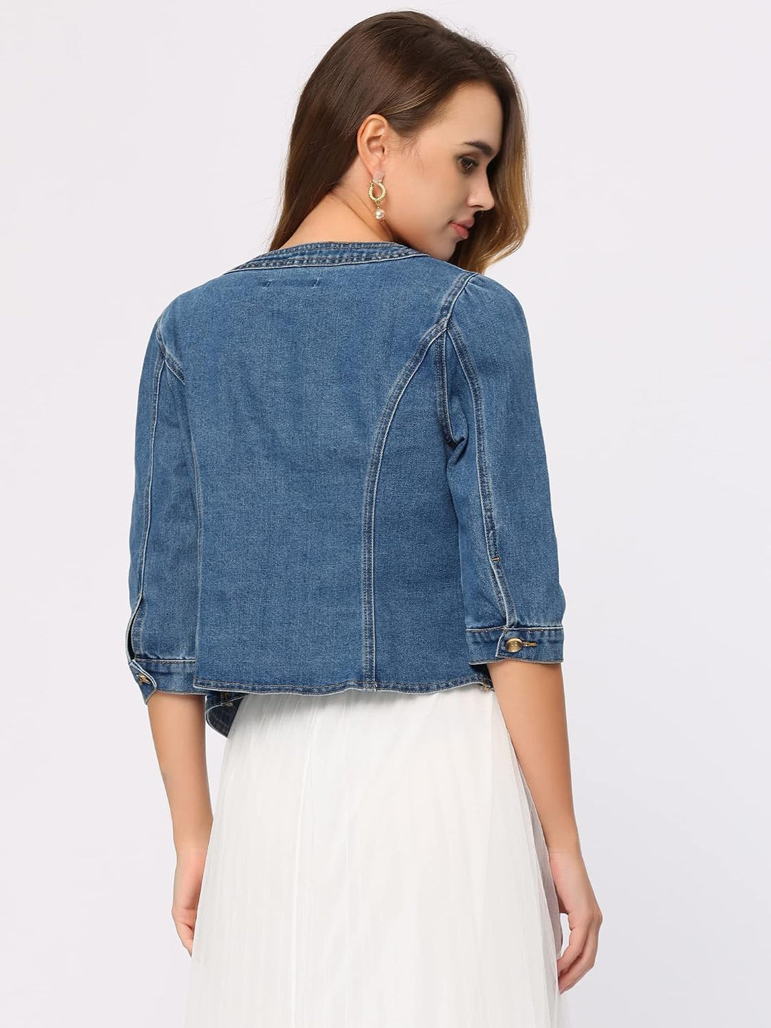 Allegra K Damen Jeansjacke Kurz 3/4 Ärmel Open Front Kragenlos Jacke mit Taschen S Blau, S Blau