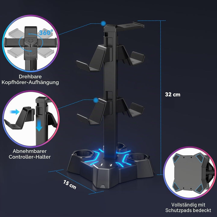 KDD Headset Halterung Led mit USB Ladestation, Controller Halterung &amp; Kopfhörer Ständer Tisch mit 2