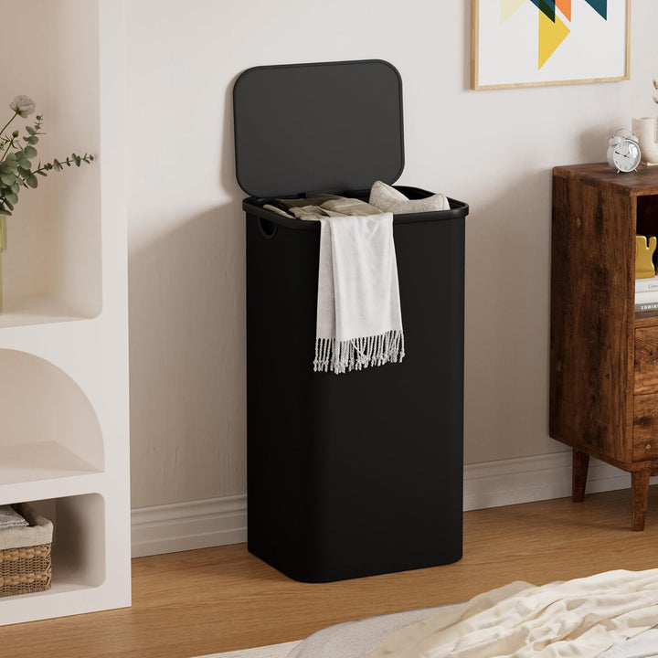 YOUDENOVA Wäschekorb mit Deckel 100L, Wäschesammler schmal mit Wäschesack, faltbarer Wäschesortierer