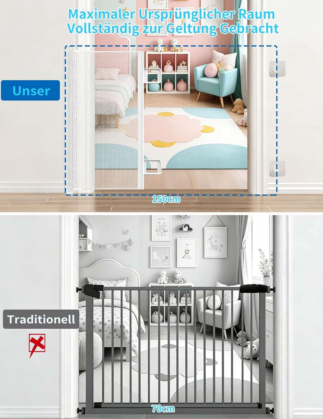 Treppenschutzgitter Ausziehbar für Babys, 0-150cm Treppenschutzgitter Türschutzgitter Ausziehbar Gee