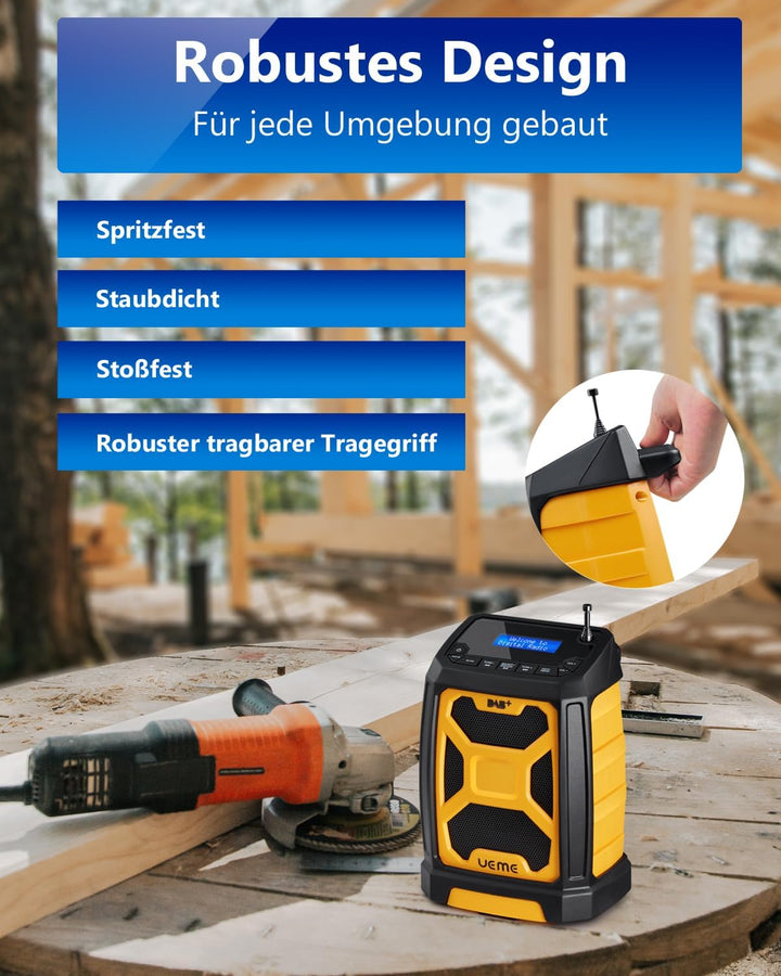 Baustellenradio Mit Akku Aufladbar (6000mAh), Tragbares DAB+/FM Radio, Bluetooth Lautsprecher &amp; Dual