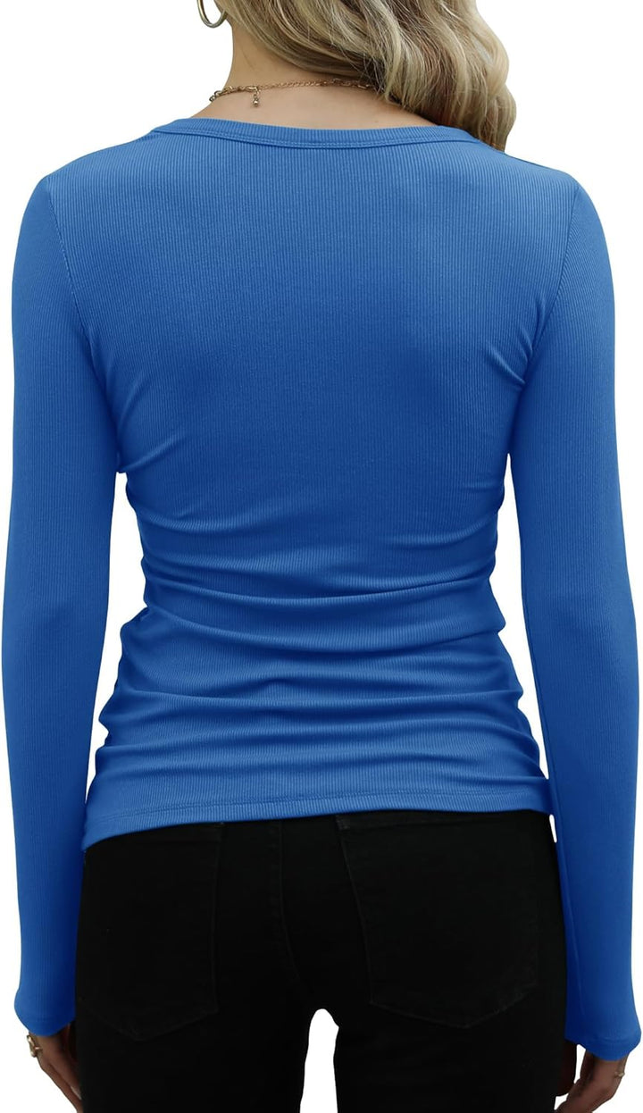 DUOEASE Langarmshirt Damen Rundhal Pullover Elegant Langarm Oberteile Rippshirt Tshirts Basic Tops B