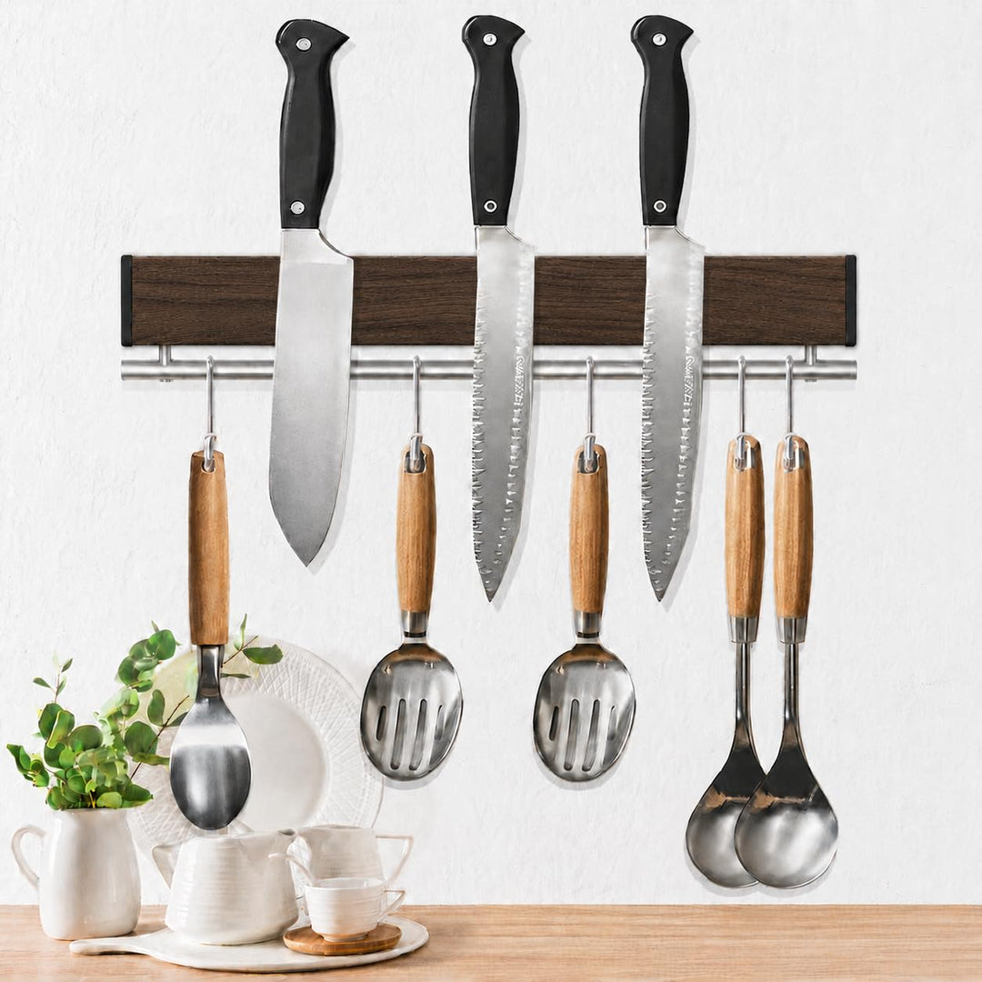 Dmore Magnetleiste Messer mit 5 Haken, 30 cm Messerhalter magnetisch aus Edelstahl, Walnuss-Optik Ma
