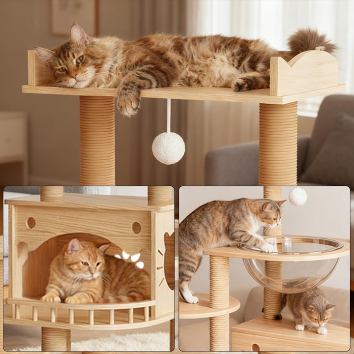 KVIDA Kratzbaum Holz 144 cm für grosse Katzen bis 15 kg, extra Stabiler Katzenbaum Holz, Dicke Massi