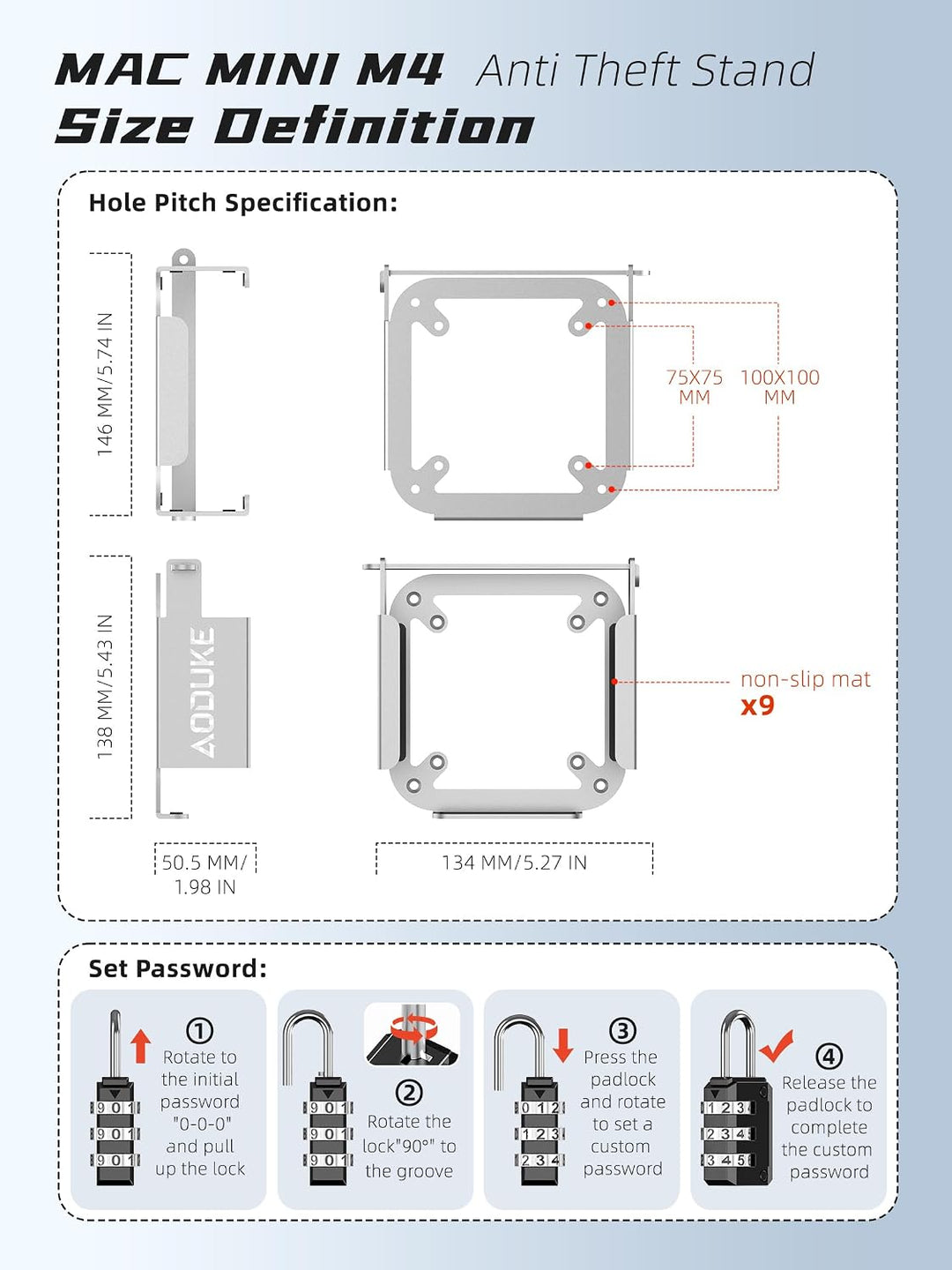 Aluminum Alloy 2024 Mac Mini M4 with Combination Lock Security Bracket, Compatible with VESA Hole Mo