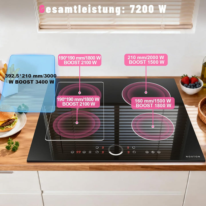 NOXTON Induktionskochfeld 60 cm, Einbau Kochfeld Induktion 4 Platten mit Flexzone Autarkes Induktion