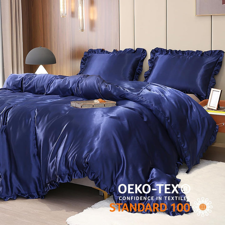 Freyamy Bettwäsche 155x220 Glatt Luxus Seide Bettwäsche Set Blau Dunkelblau Einfarbig Rüschen Romant