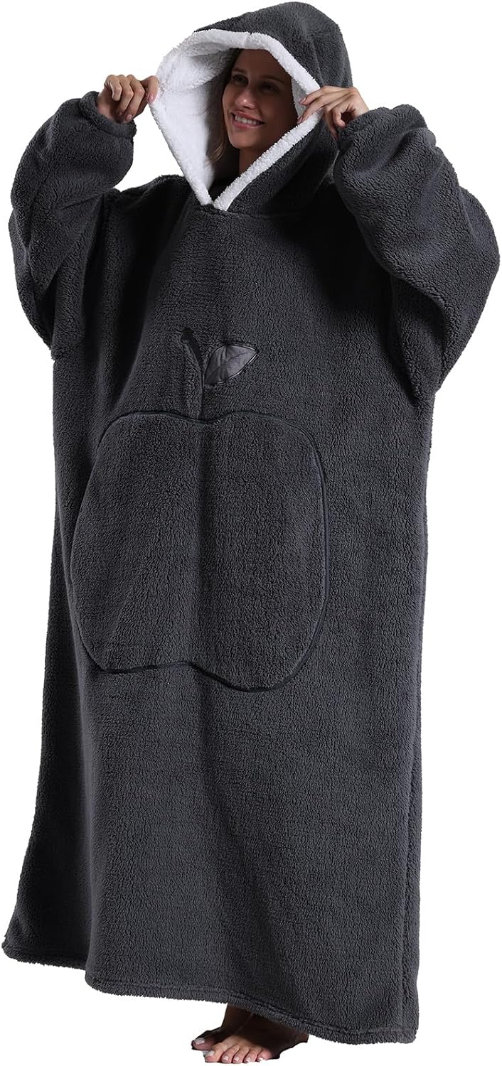 Hoodie Decke Extra Lang mit Kapuze und Tasche für Damen Herren Dunkelgrau, Dunkelgrau