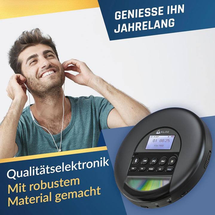 KLIM Nomad CD Player Bluetooth - tragbare Discman mit langlebigem Akku - inklusive Kopfhörer - MP3 -