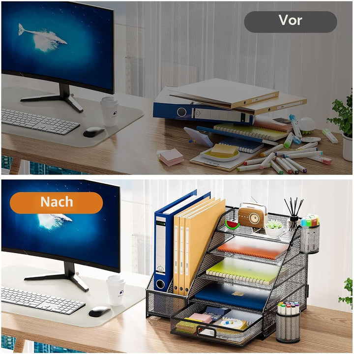 Marbrasse Schreibtisch Organizer,5 Ebenen Papier-Briefablage mit Schublade und 2 Stifthalter,Netz-Sc