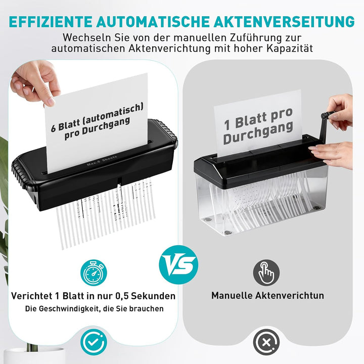 Aktenvernichter, 6 Blatt Streifenschnitt Papierschredder, inklusive Kreditkartenvernichtung, P-2, Ko