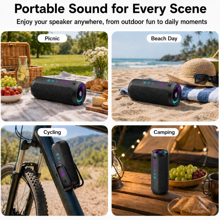 TIMU Bluetooth Lautsprecher mit Licht, Bluetooth 5.4 Musikbox IPX7 wasserdicht, TWS Paarung, AUX, TF
