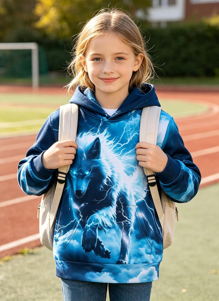 AIDEAONE Jungen Mädchen 3D Hoodie Kapuzenpullover Sweatshirt Mit Kapuze, Wolf Blitz 6-7 Jahre