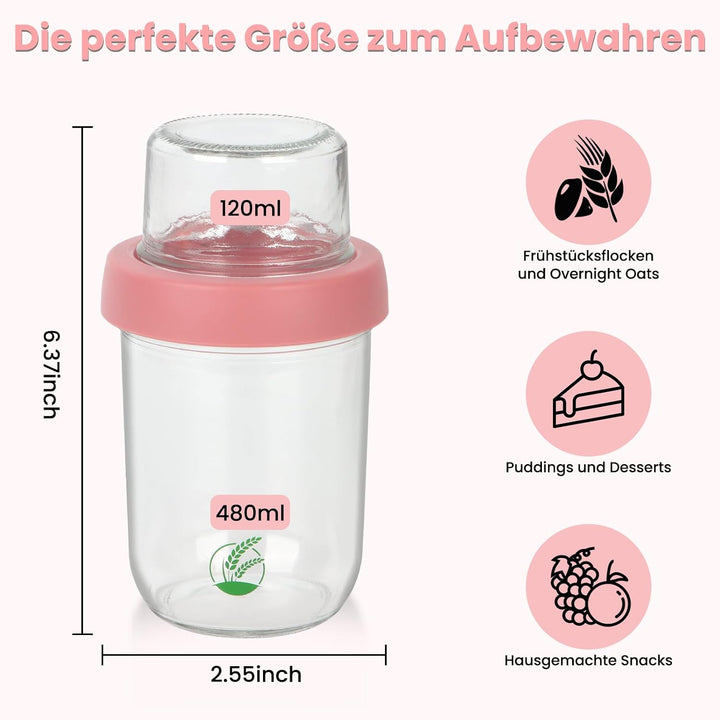 2er Overnight Oats Gläser, Müslibecher to go, 480 ml+120ml 480ML+120ML, 480ML+120ML