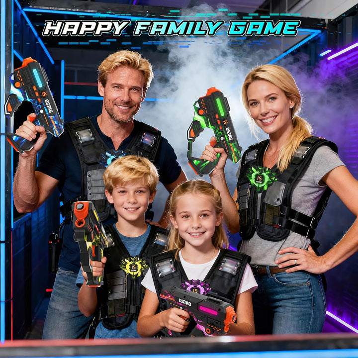 VATOS Wiederaufladbares Laser Tag Set mit 360°Sensoren für 4 Spieler, 2,4 GHz Infrarot Echtzeit Date