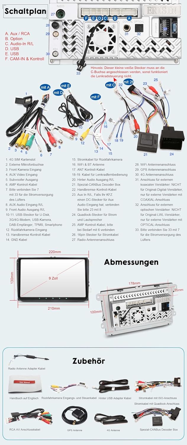 Erisin 9" Qualcomm 8-Kern 4GB+64GB Android 14 Autoradio Bluetooth GPS Navi für VW Golf 5/6 Passat B7