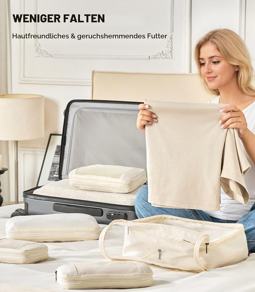 MURISE 6er Set Compression Packing Cubes, Koffer Organizer Packtaschen, Beige