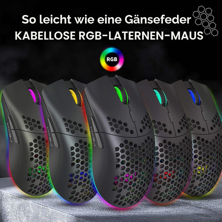 Drahtlose Gaming Maus, 2,4G Superleichte Wabenschale Ergonomische RGB-Mäuse mit 750mAh Akku, Energie