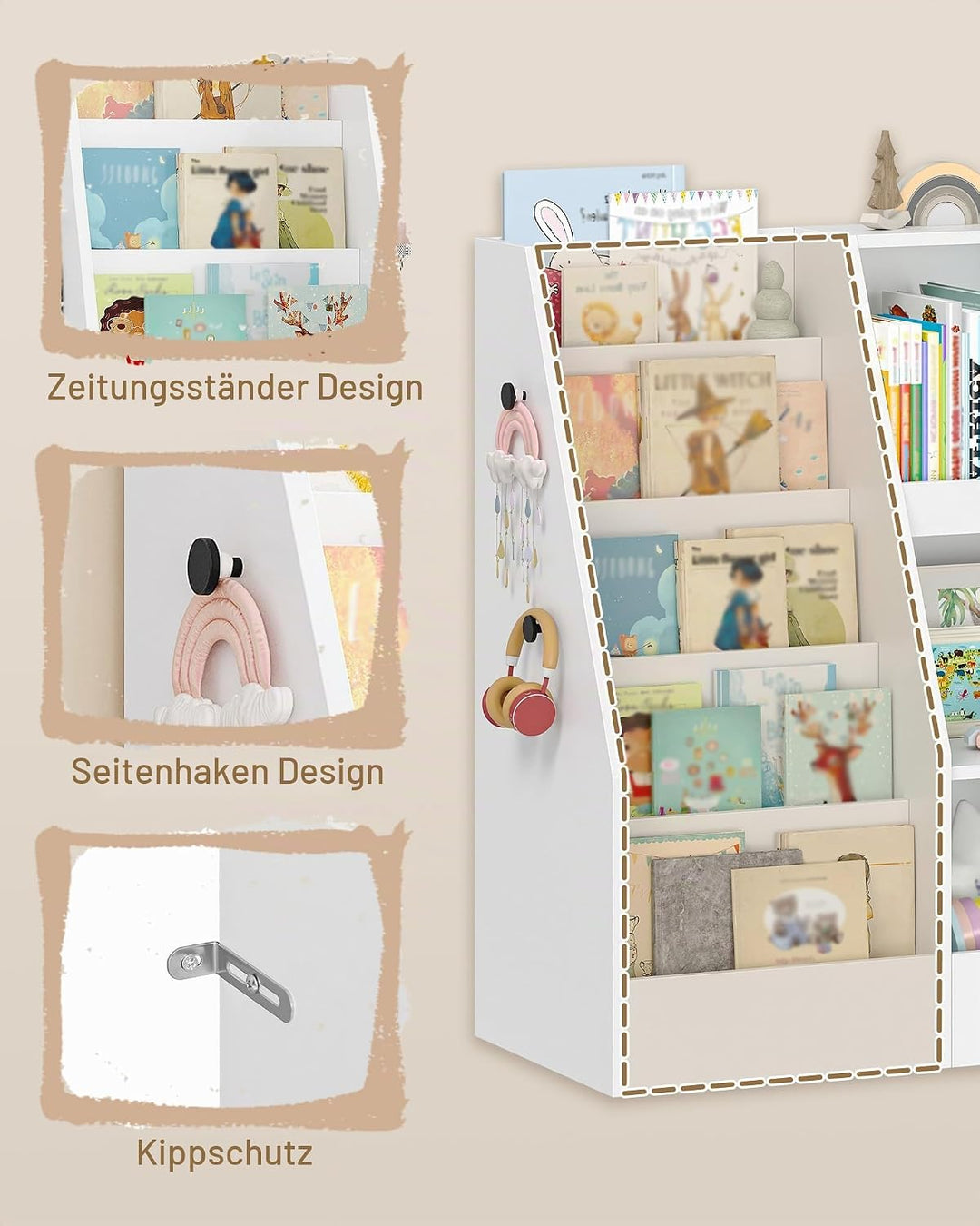 Hzuaneri Kinderregal, Spielzeugregal mit 5-Regalebenen und 5 offene Fächer, Kinderbücherregal, Kinde