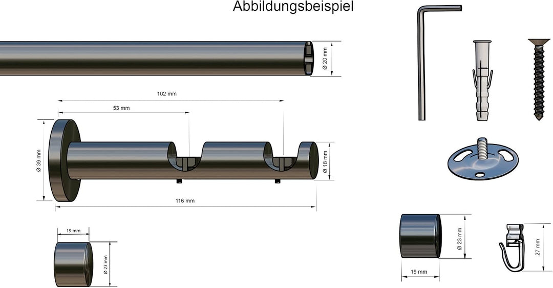 Tilldekor Innenlauf Gardinenstange HIGH-LINE ANDRAX, 2-Lauf, braun-antik, Ø 20 mm, 200 cm, inkl. Trä