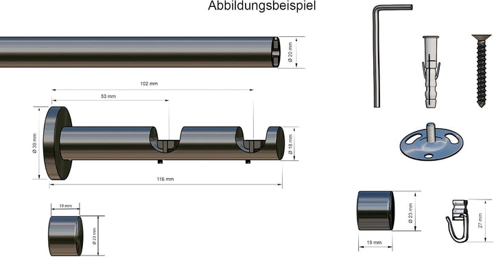 Tilldekor Innenlauf Gardinenstange HIGH-LINE ANDRAX, 2-Lauf, braun-antik, Ø 20 mm, 200 cm, inkl. Trä
