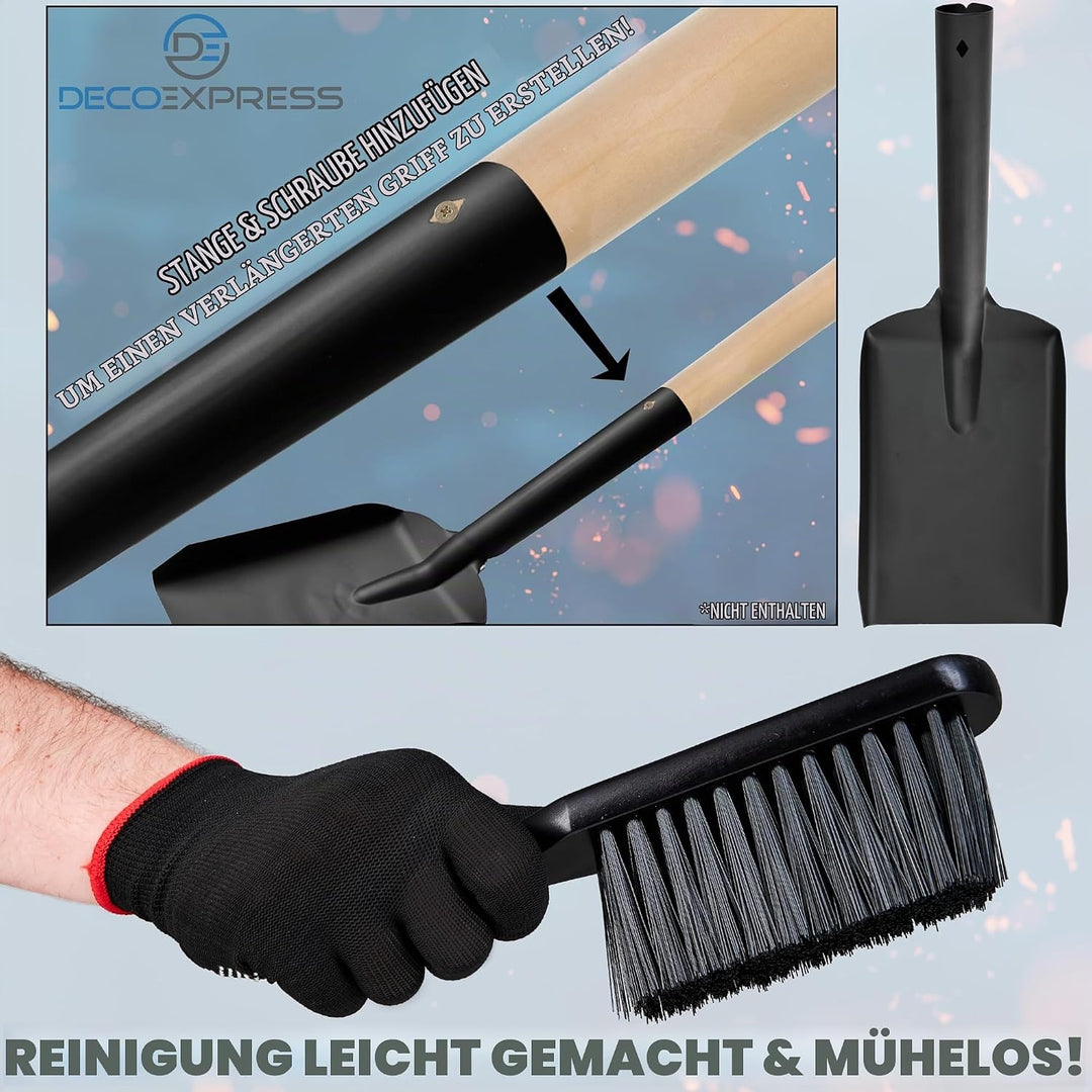 DecoExpress Aschekasten Kaminzubehör Set mit Ascheeimer 7 Liter, Asche Schaufel, Bürste &amp; Handschuhe