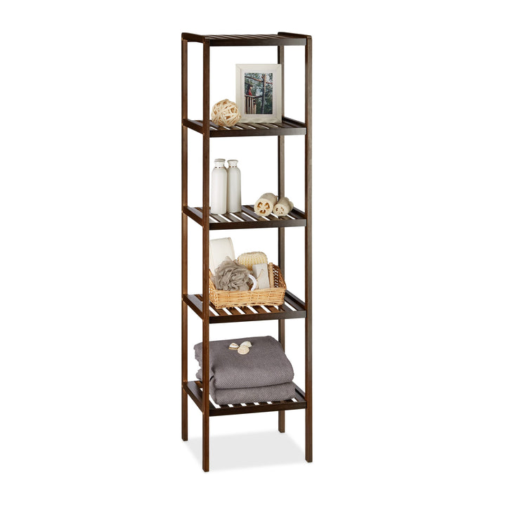 Relaxdays Bambus Badregal mit 5 Ablageflächen, HxBxT: 139,5 x 34,5 x 33 cm, hohes Standregal, Holzre