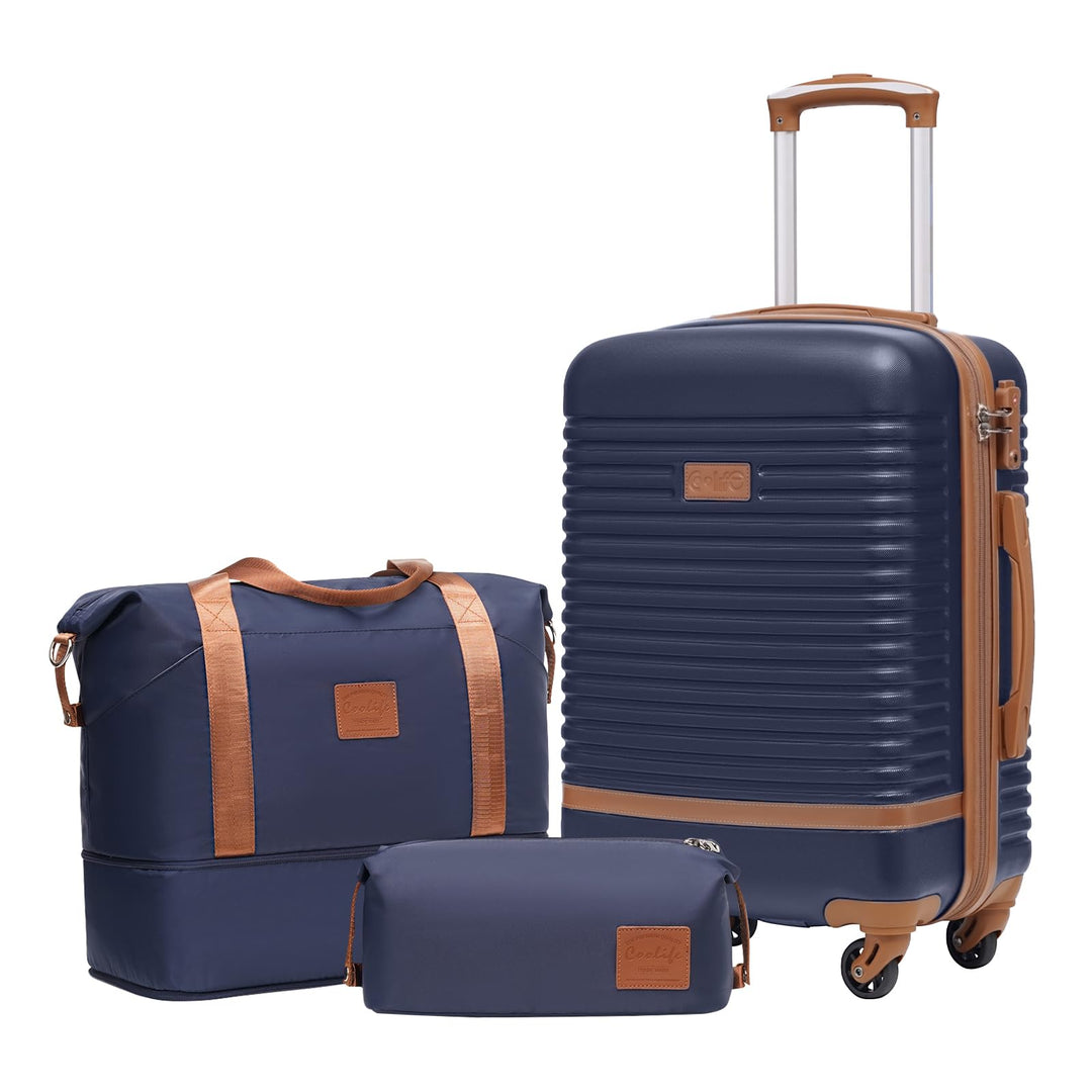 COOLIFE Koffer Set 3tlg, 20" Koffer Klein mit Reisetasche &amp; Kulturbeutel Blau/Braun Handgepäck-Set 3