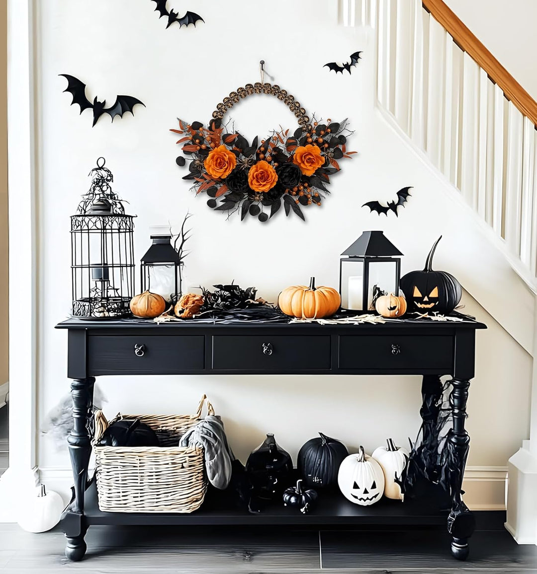 Briful Halloween Türkranz 66cm – Künstlicher Gruselkranz mit Schädel, Spinne, Schwarze &amp; Orange Rose