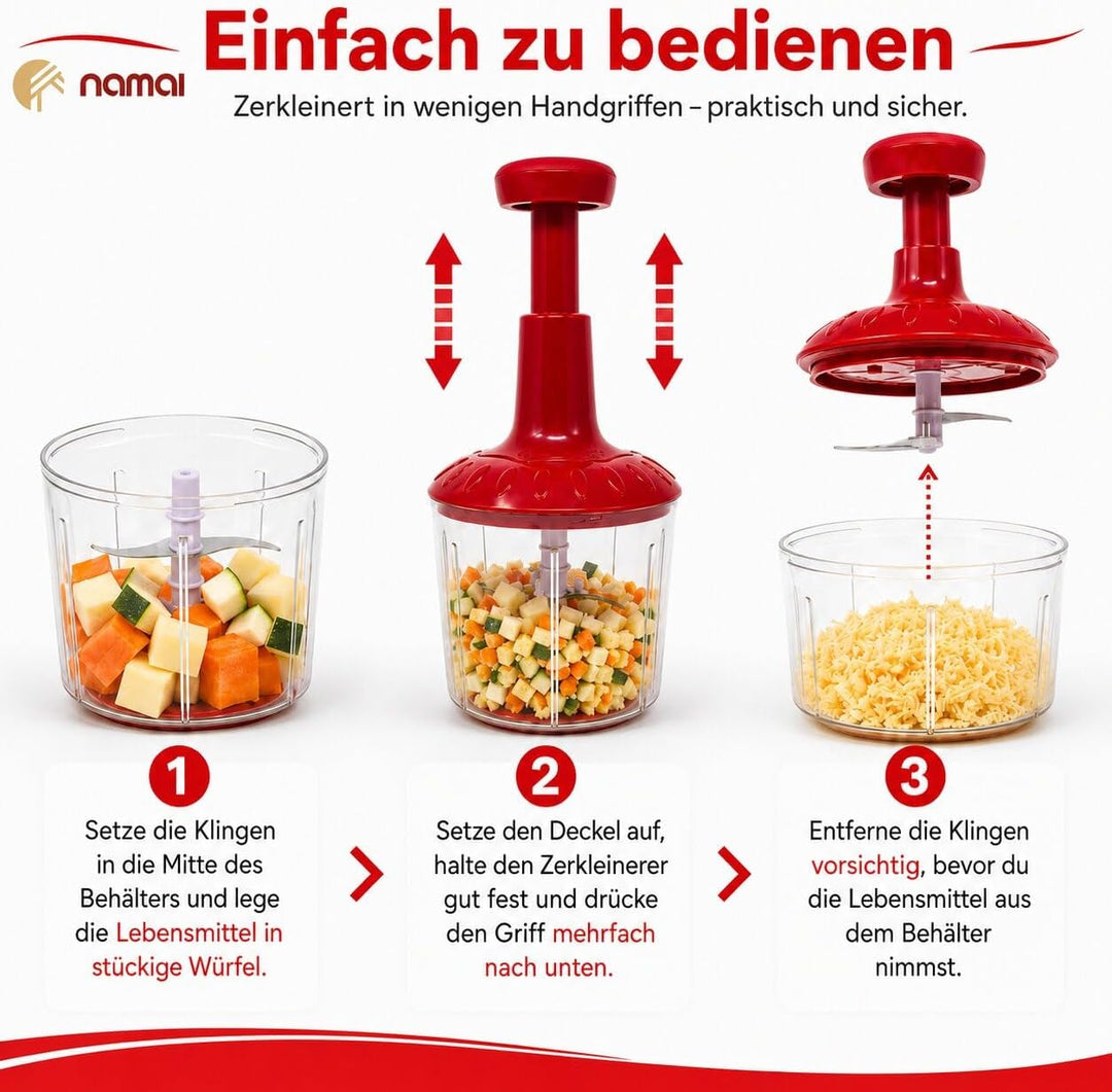 NAMAI – Zwiebelhacker Mit 5 Klingen, 2 Behältern und Mixer
