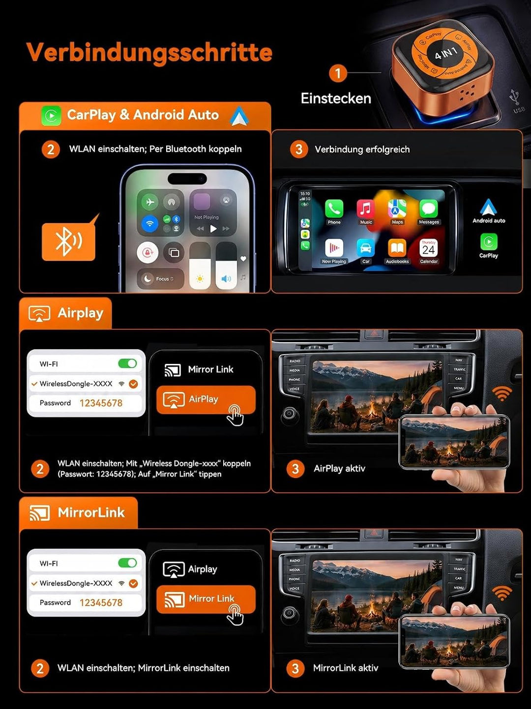 4-in-1 Wireless CarPlay Adapter für AirPlay MirrorLink Bildschirmspiegelung