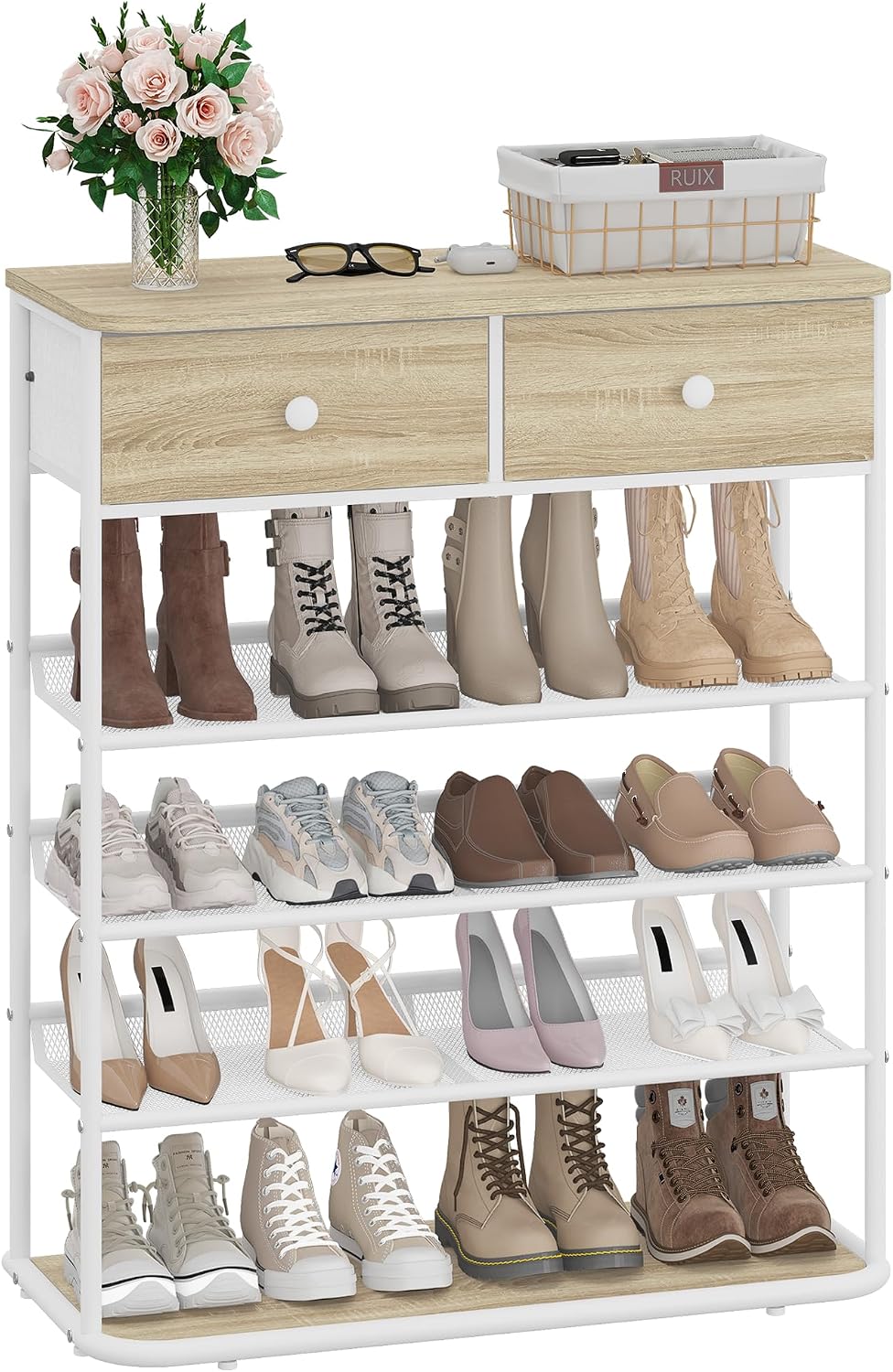 Hzuaneri Schuhregal, Schuhablage mit 5 Ebenen, Schuhregal Gross mit 2 Stoffschubladen, 3 Gittern, Ve