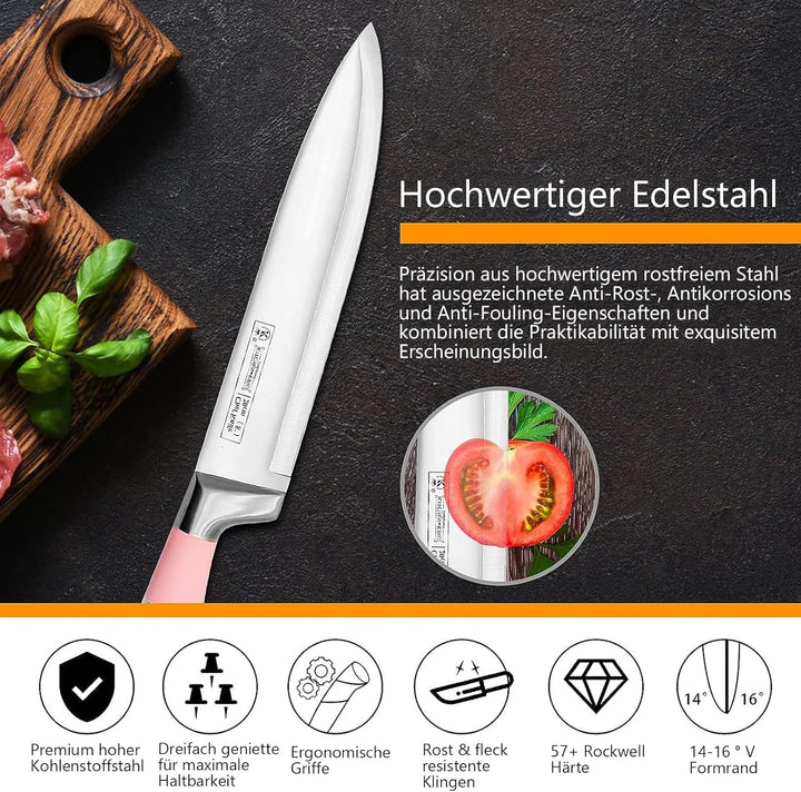 9-tlg Messerset mit Drehbare Acryl Messerblock, Rosa Sharp Antihaft Beschichtete Kochmesser Block Se