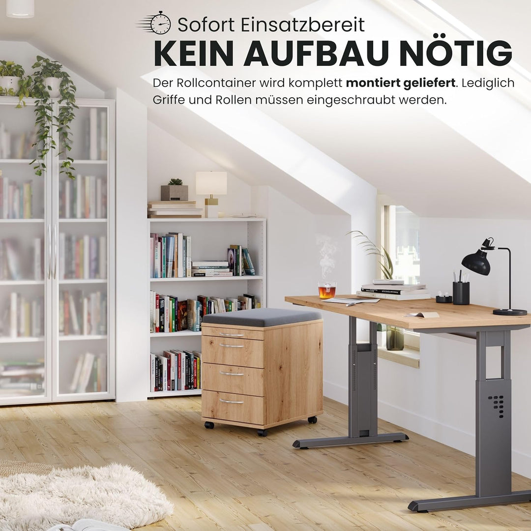 bümö Basic Rollcontainer mit Schubladen, Container aus Holz in grau - Rollwagen für&