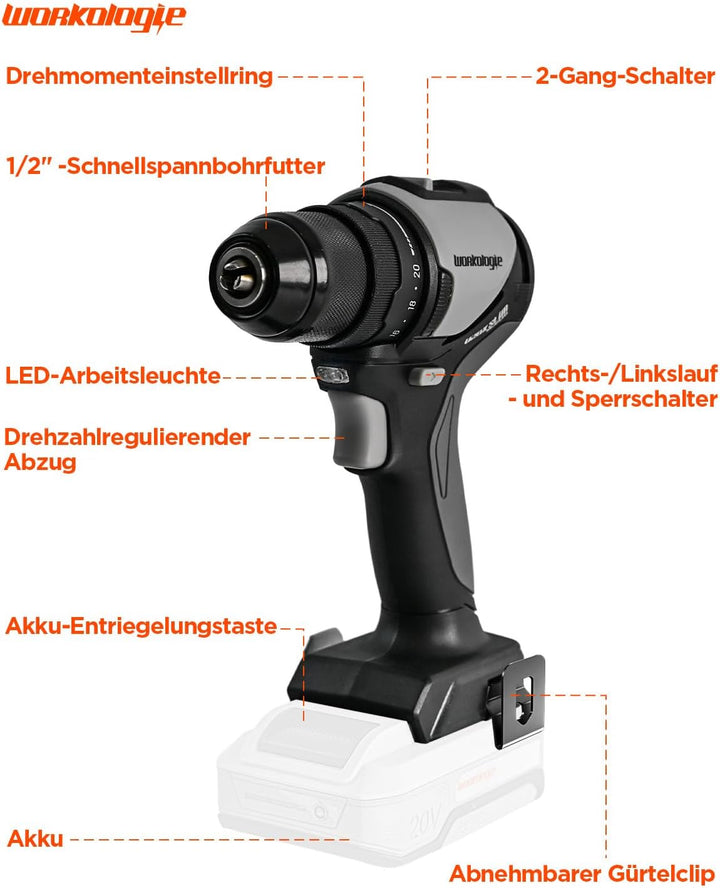 20V Max Akku-Bohrschrauber, kompatibel mit Einhell Power X-Change, Solo Schwarz und Grau, Schwarz un