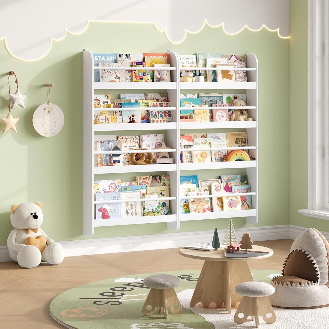 FOREHILL Bücherregal Kinder, Wandregal mit 4 Ablagen, Kinderregal für Bücher Spielzeug, Hängeregal D