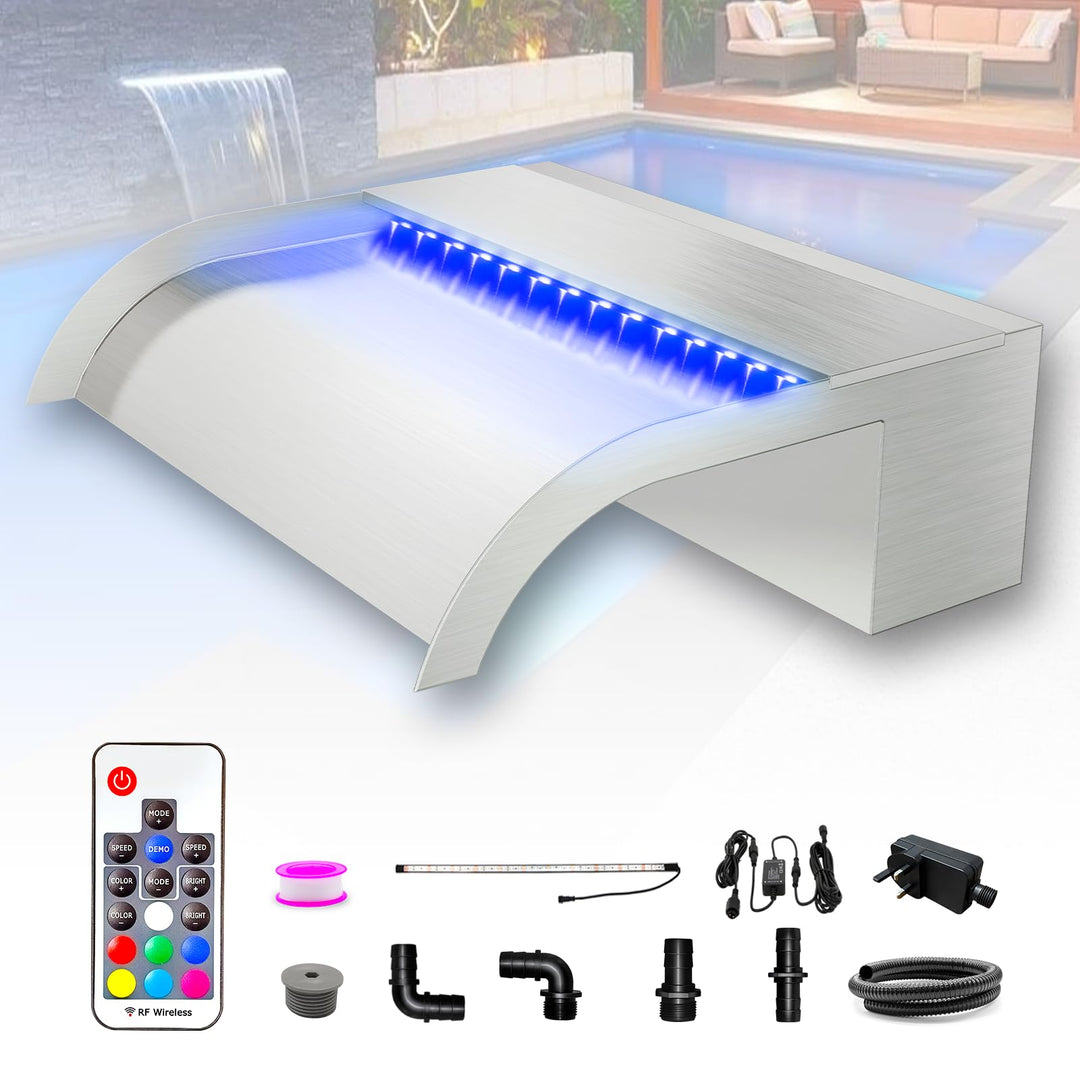 LONGRUN 30cm Teich Wasserfall Klingen Set, 304 Edelstahl Gebogener Wasserfall mit 7 Farben LED und F