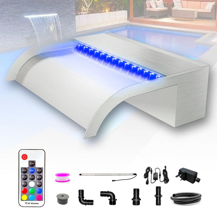 LONGRUN 30cm Teich Wasserfall Klingen Set, 304 Edelstahl Gebogener Wasserfall mit 7 Farben LED und F